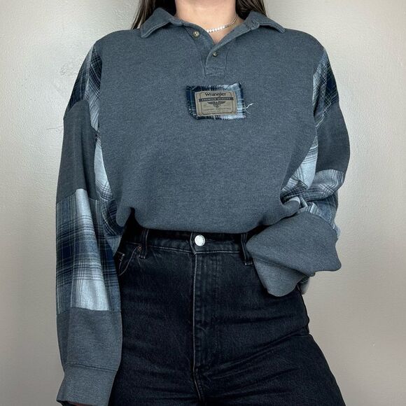 Wrangler Sweaters - Wrangler Reworked Upcycled Quarter Flannel Relaxed Warm Outdoor Sweater Shirt